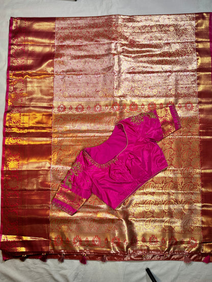 Kanjivaram Tissue Saree, Wedding Saree with Maggam Work Blouse Rani Pink and Baby Pink Buy from USA
