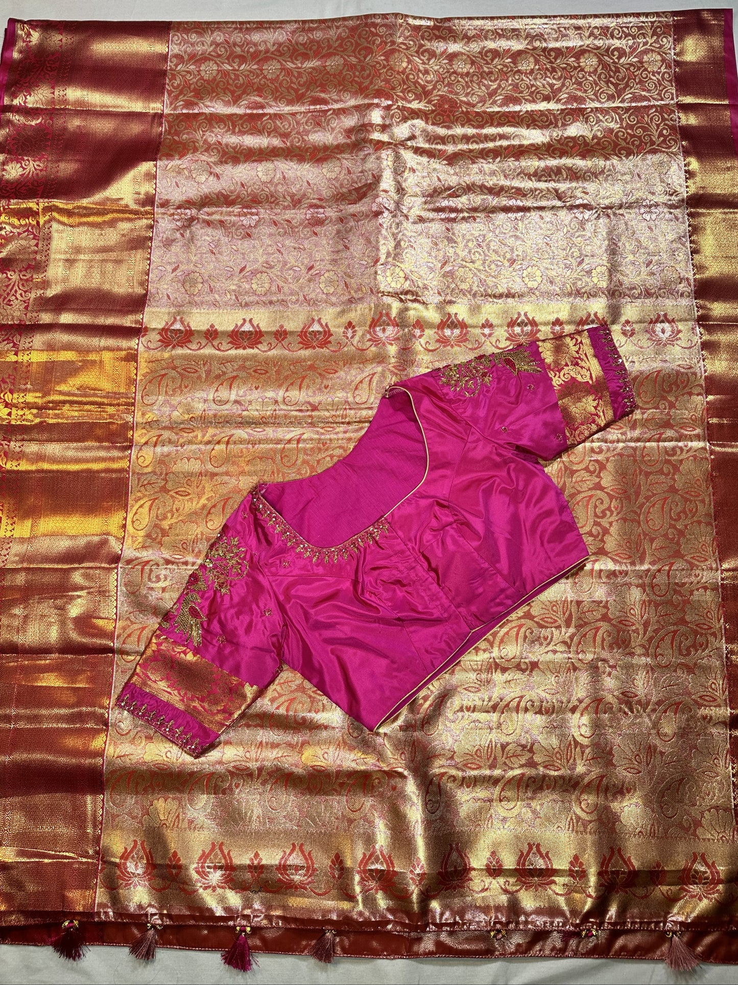 Kanjivaram Tissue Saree, Wedding Saree with Maggam Work Blouse Rani Pink and Baby Pink Buy from USA