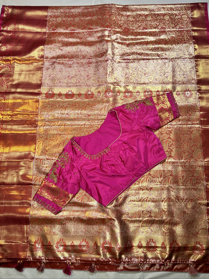Kanjivaram Tissue Saree, Wedding Saree with Maggam Work Blouse Rani Pink and Baby Pink Buy from USA