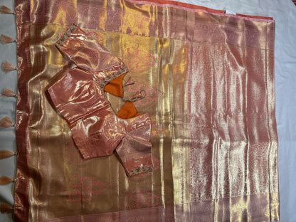 Kanjivaram semi silk saree with maggam work louse pastel shade