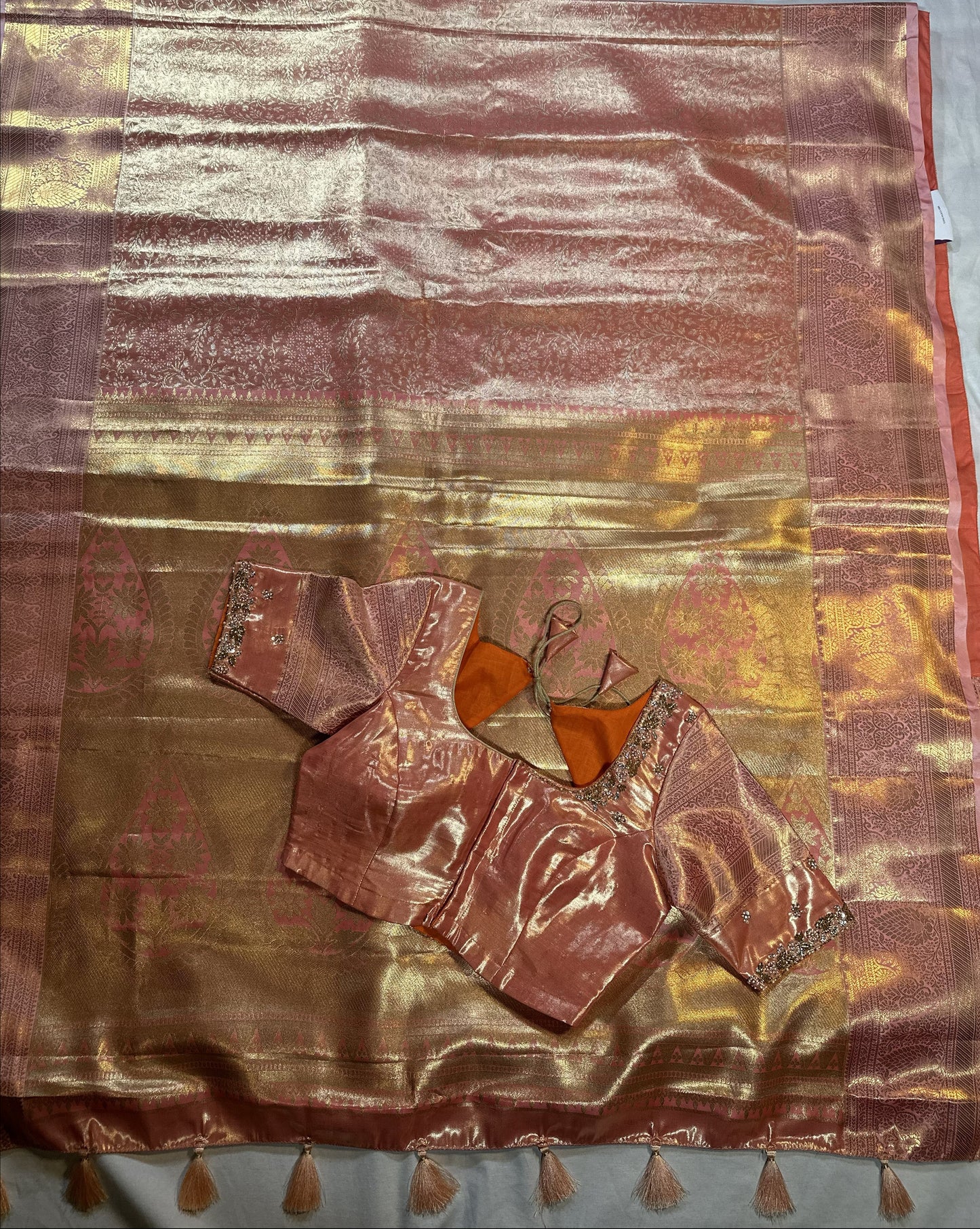 Kanjivaram semi silk saree with maggam work louse pastel shade
