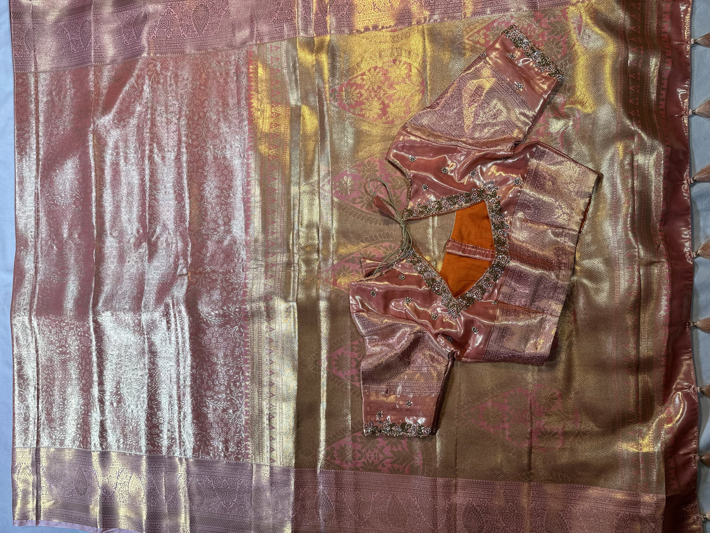 Kanjivaram Tissue Semi Silk Saree with Stitched Maggam Work Blouse – Pink Wedding & Party Wear Saree | Shipping from USA