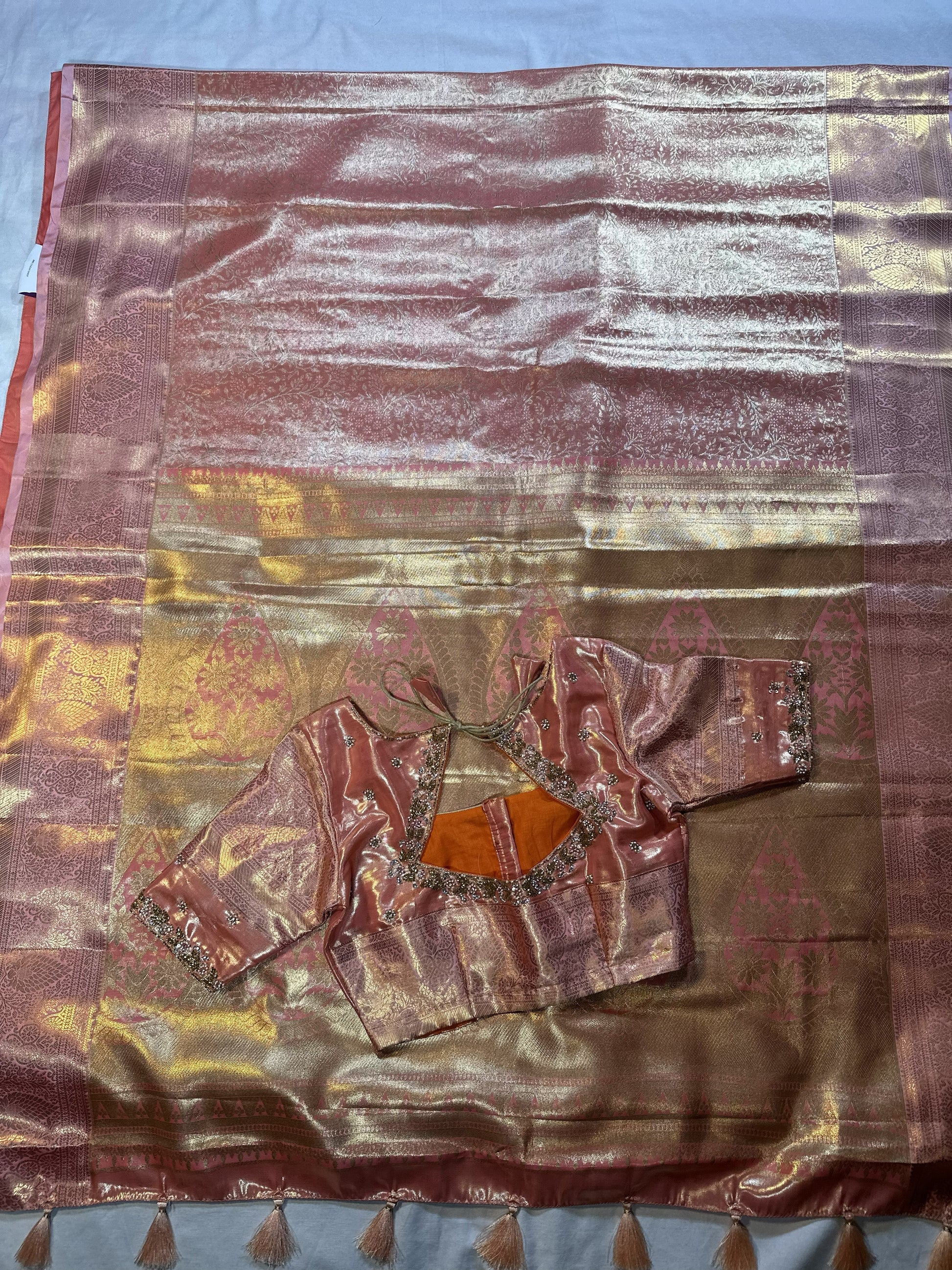 Kanjivaram semi silk saree with maggam work louse pastel shade