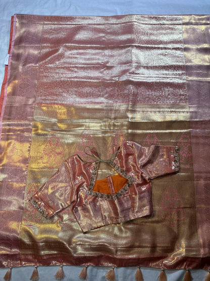 Kanjivaram semi silk saree with maggam work louse pastel shade