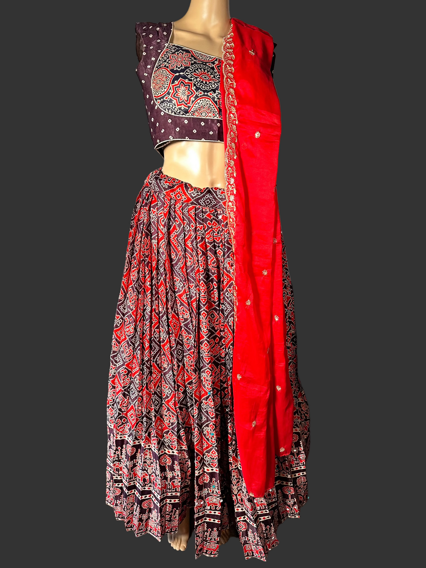 Patola Print Ajrakh Modal Silk Mirror Work Lehenga with Stitched Blouse | Designer Mirror Work Lehenga Choli | Ethnic Wedding, Festive & Party Wear | Ships from USA