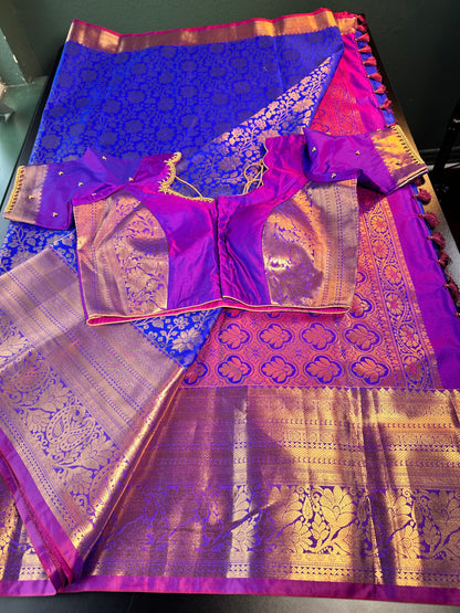 Premium Kanjivaram Semi Silk Saree Kanchipattu Saree with Stitched Maggam Work Blouse – Blue Wedding & Party Wear Saree | Shipping from USA