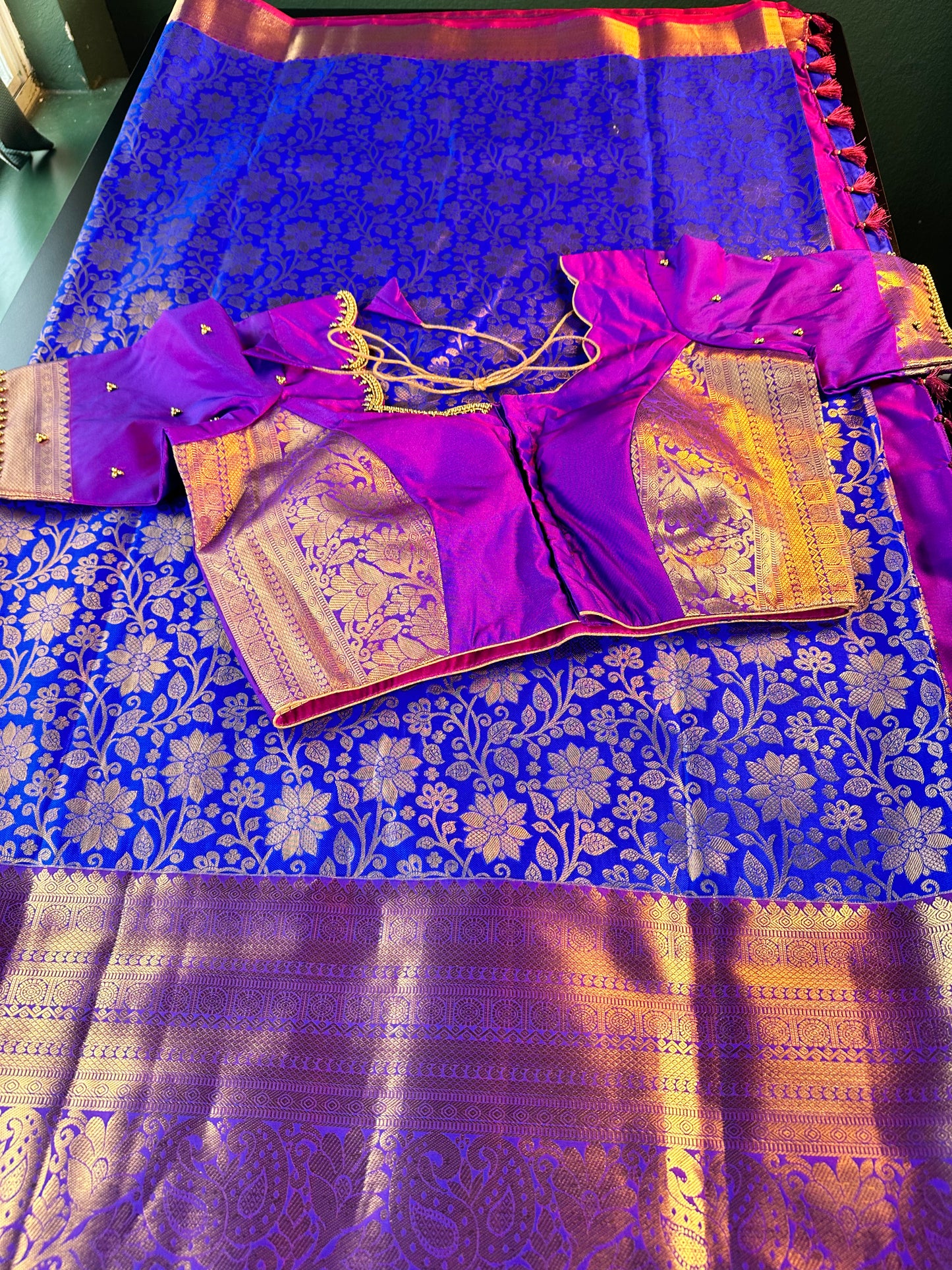 Premium Kanjivaram Semi Silk Saree Kanchipattu Saree with Stitched Maggam Work Blouse – Blue Wedding & Party Wear Saree | Shipping from USA