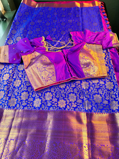 Premium Kanjivaram Semi Silk Saree Kanchipattu Saree with Stitched Maggam Work Blouse – Blue Wedding & Party Wear Saree | Shipping from USA