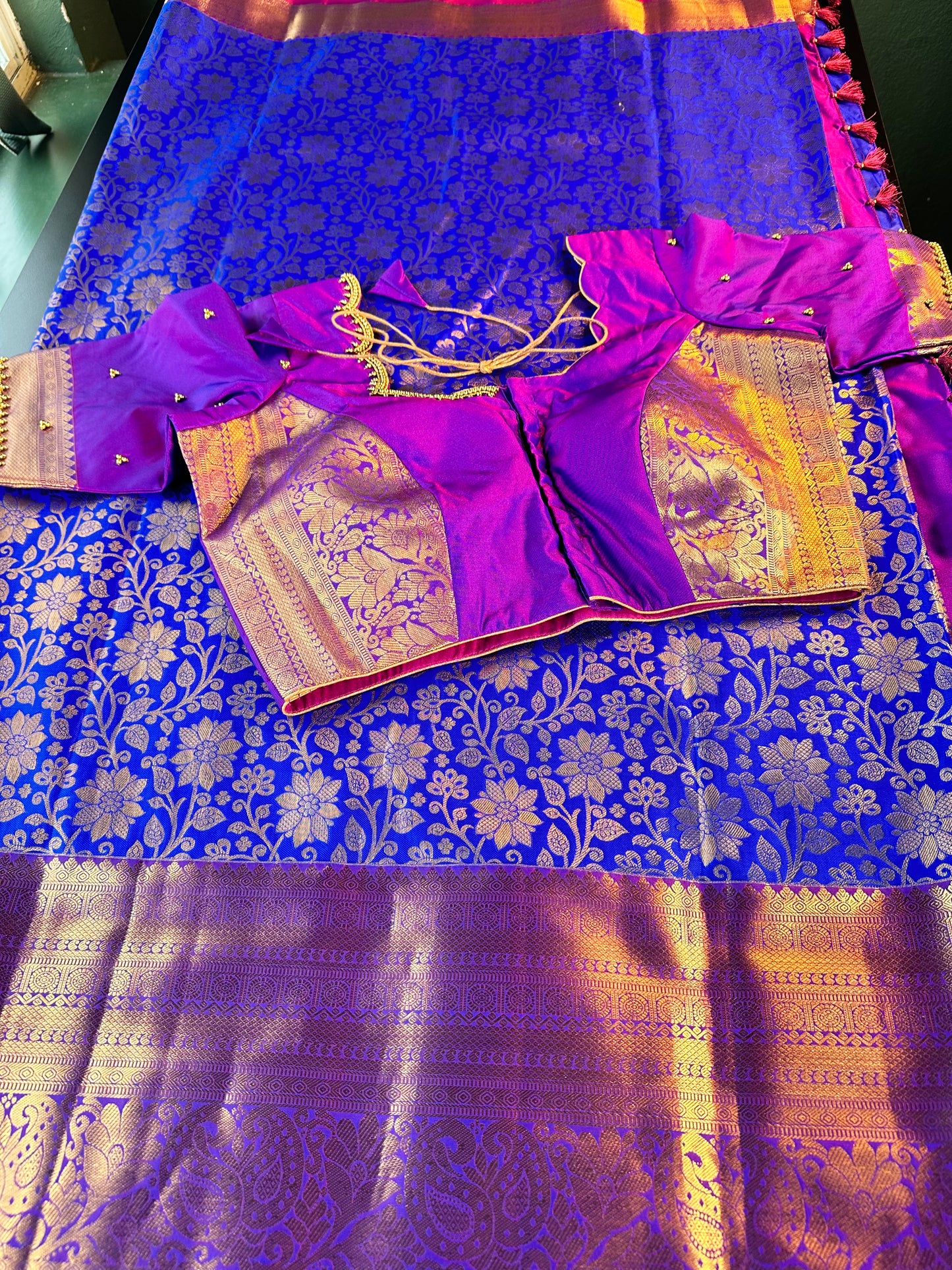 Premium Kanjivaram Semi Silk Saree Kanchipattu Saree with Stitched Maggam Work Blouse – Blue Wedding & Party Wear Saree | Shipping from USA