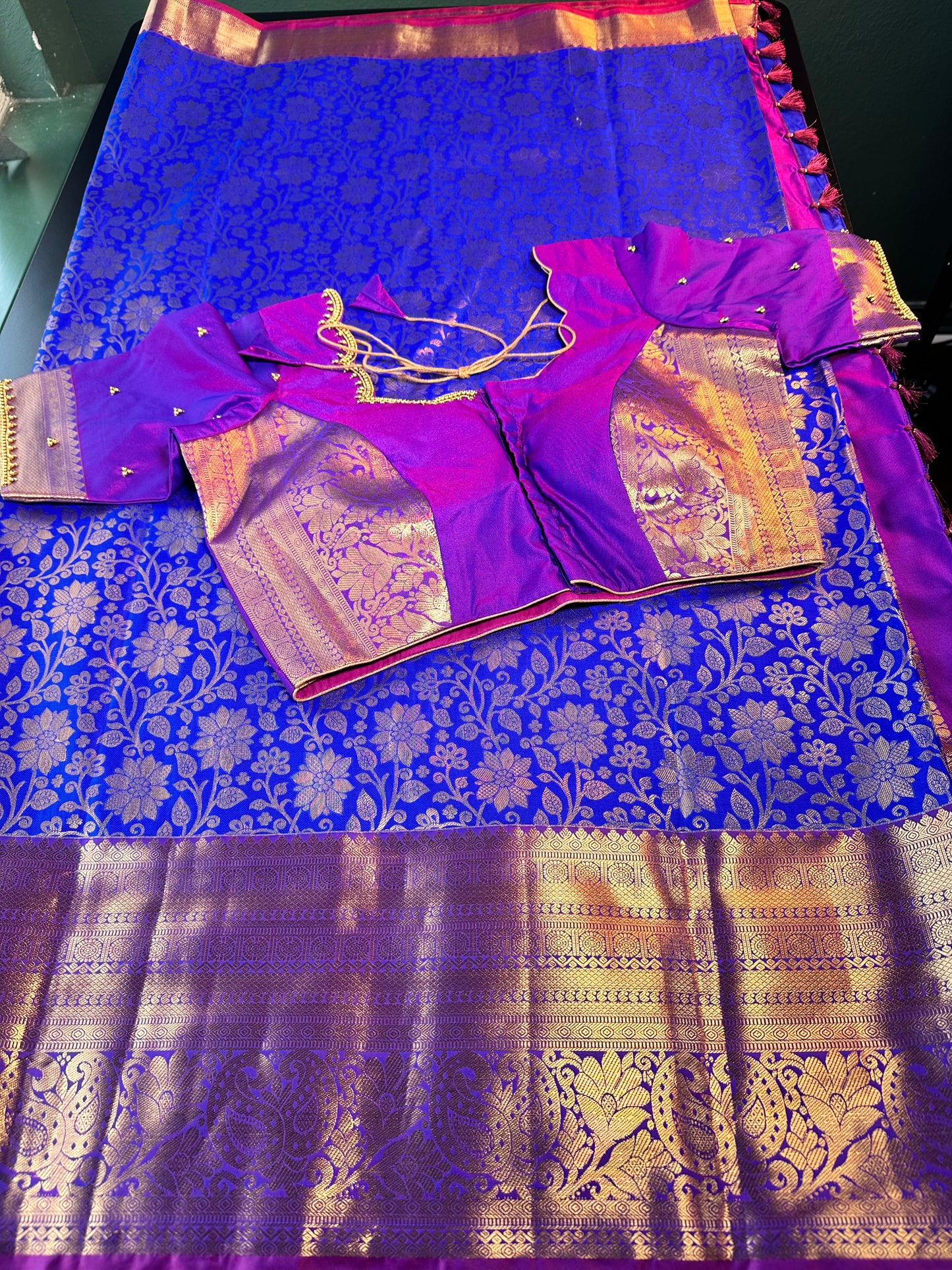 Premium Kanjivaram Semi Silk Saree Kanchipattu Saree with Stitched Maggam Work Blouse – Blue Wedding & Party Wear Saree | Shipping from USA