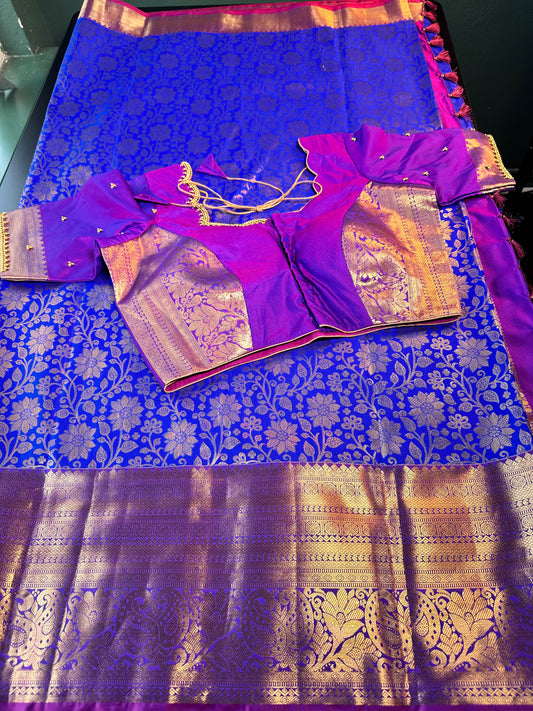 Premium Kanjivaram Semi Silk Saree Kanchipattu Saree with Stitched Maggam Work Blouse – Blue Wedding & Party Wear Saree | Shipping from USA