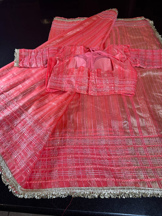 Women Soft Tissue Silk Saree with Weaving Sequin Ribbon Work &amp; Fancy Lace Peach Color | Party Wear Saree | Shipping from USA Peach