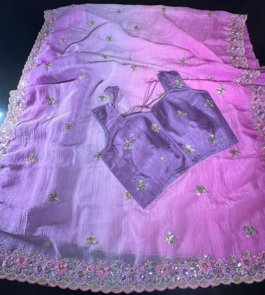 Fancy Soft Crunchy Silk Saree in Purple and Pink with Sequin Embroidery Work and Sleeveless Stitched Blouse, Party Wear Saree, Shipping from USA
