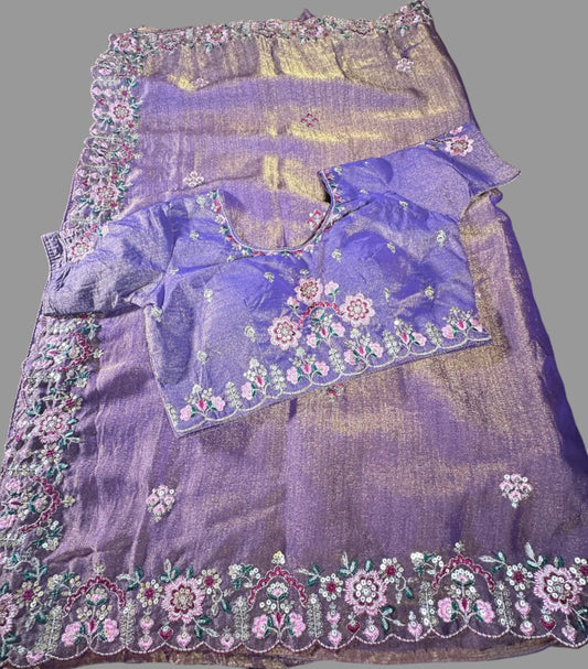Ready-to-Wear Soft Khadi Moss Satin Silk Saree with Embroidery Sequin Work and Stitched Blouse, Fits Size 38–44, Shipping from USA