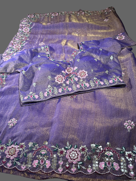 Ready-to-Wear Soft Khadi Moss Satin Silk Saree with Embroidery Sequin Work and Stitched Blouse, Fits Size 38–44, Shipping from USA
