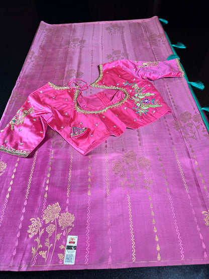 Handloom Pure Kanjivaram Silk Saree with Maggam Work Stitched Blouse | Bridal & Wedding Saree | Shipping from USA
