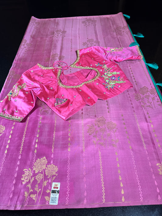 Handloom Pure Kanjivaram Silk Saree with Maggam Work Stitched Blouse | Bridal & Wedding Saree | Shipping from USA