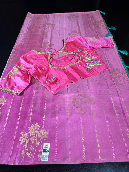 Handloom Pure Kanjivaram Silk Saree with Maggam Work Stitched Blouse | Bridal & Wedding Saree | Shipping from USA