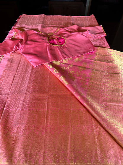Handloom Pure Kanjivaram Pure Silk Saree | Silk Mark Certified Kanchi Pattu Saree, Stitched Blouse, Partywear, Wedding Saree, Shipping from USA Pink