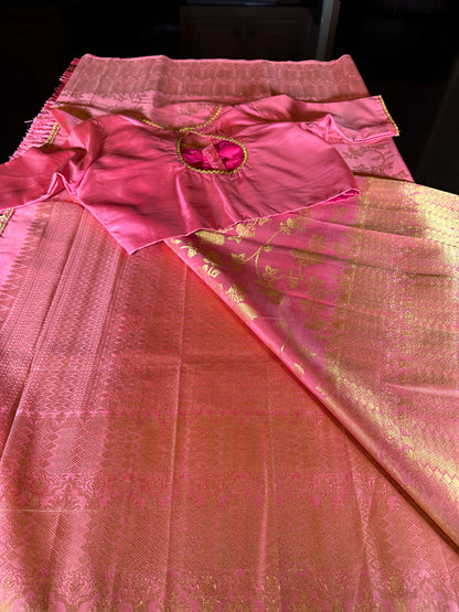 Handloom Pure Kanjivaram Pure Silk Saree | Silk Mark Certified Kanchi Pattu Saree, Stitched Blouse, Partywear, Wedding Saree, Shipping from USA Pink