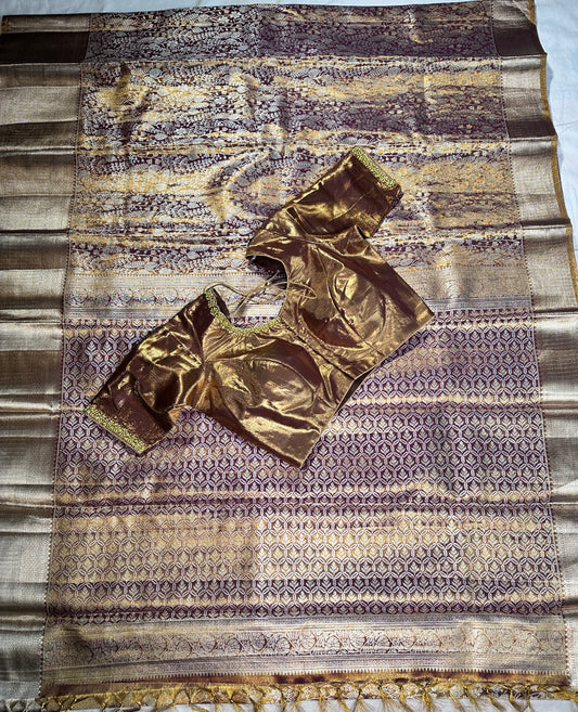Traditional South Indian Saree | Kanjivaram Tissue  Premium Semi Silk with Maggam Work  Blouse Ready-to-Wear