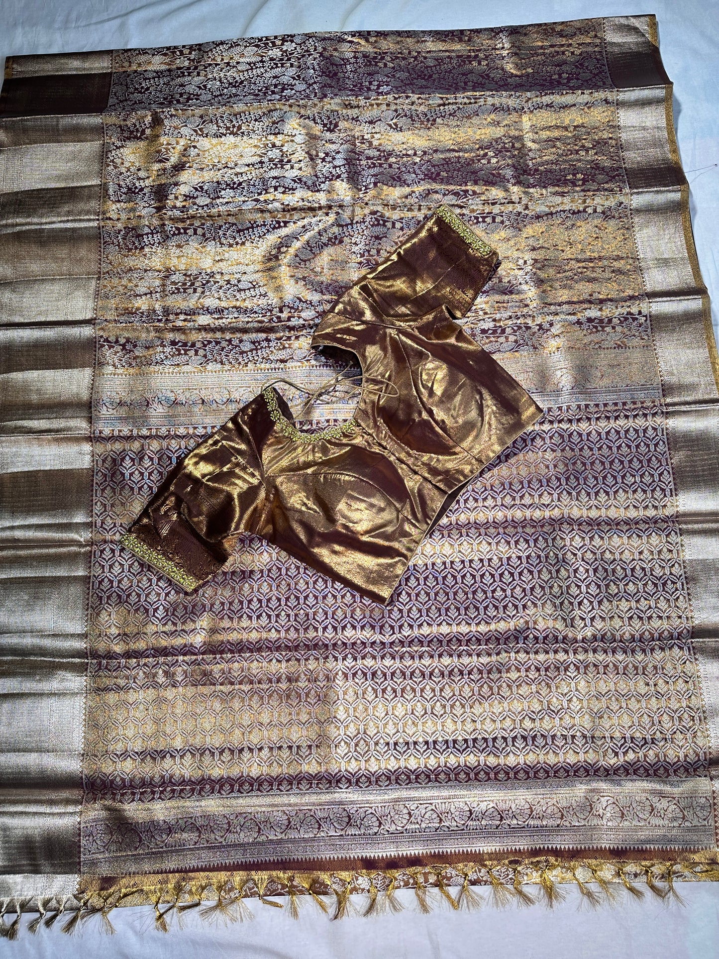 Traditional South Indian Saree | Kanjivaram Tissue  Premium Semi Silk with Maggam Work  Blouse Ready-to-Wear