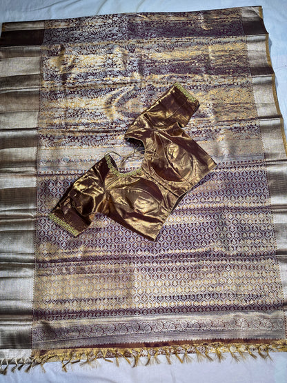 Traditional South Indian Saree | Kanjivaram Tissue  Premium Semi Silk with Maggam Work  Blouse Ready-to-Wear