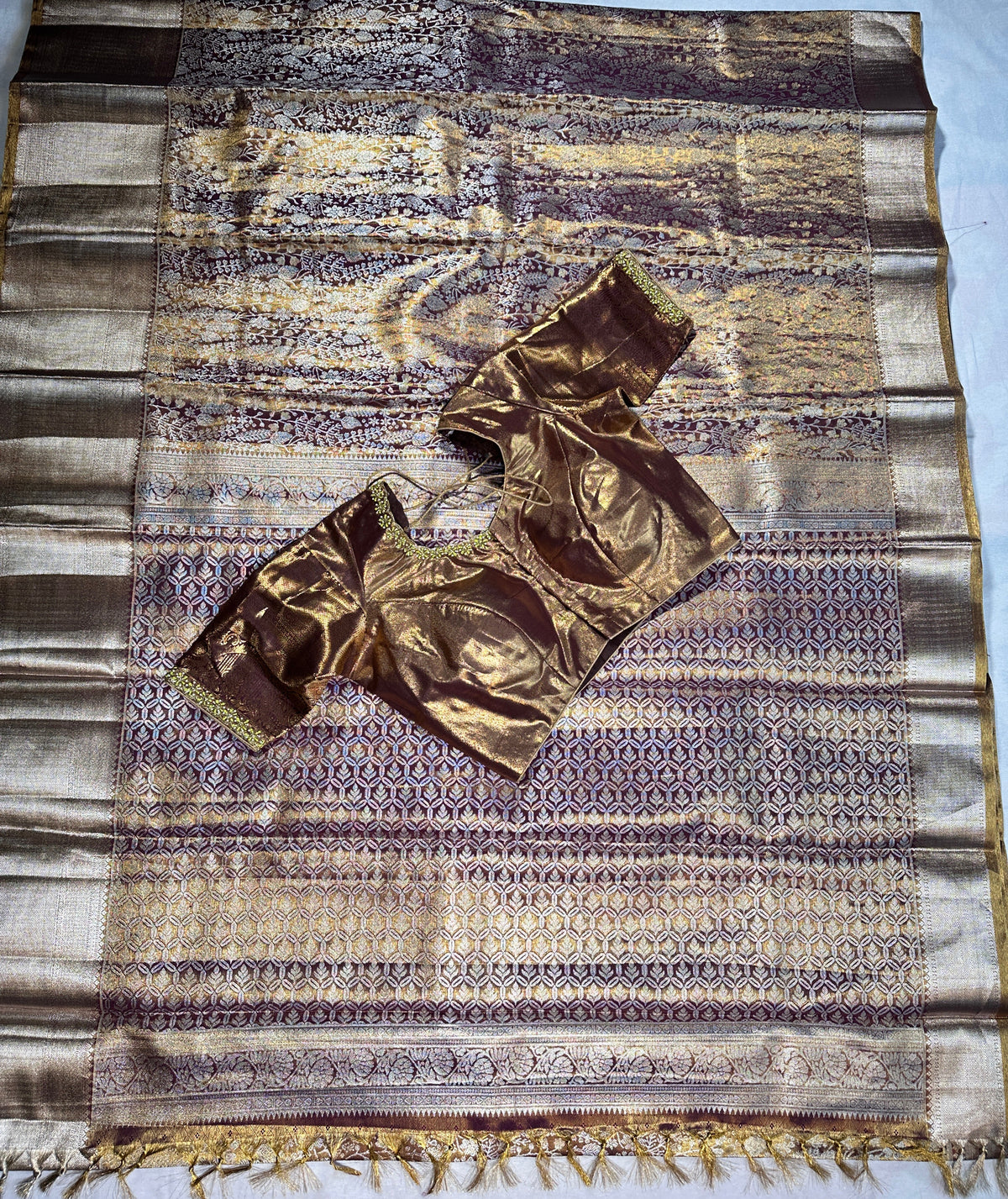 Traditional South Indian Saree | Kanjivaram Tissue  Premium Semi Silk with Maggam Work  Blouse Ready-to-Wear
