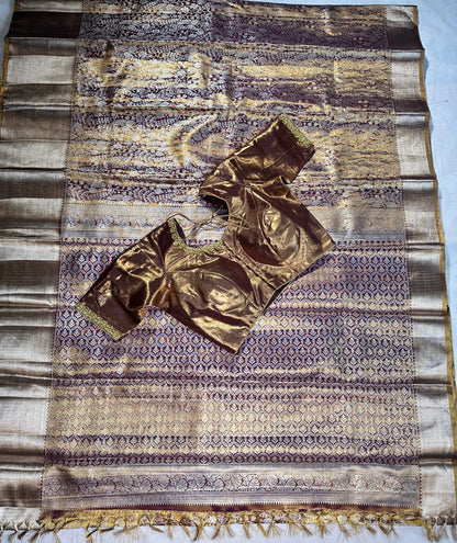 Traditional South Indian Saree | Kanjivaram Tissue  Premium Semi Silk with Maggam Work  Blouse Ready-to-Wear