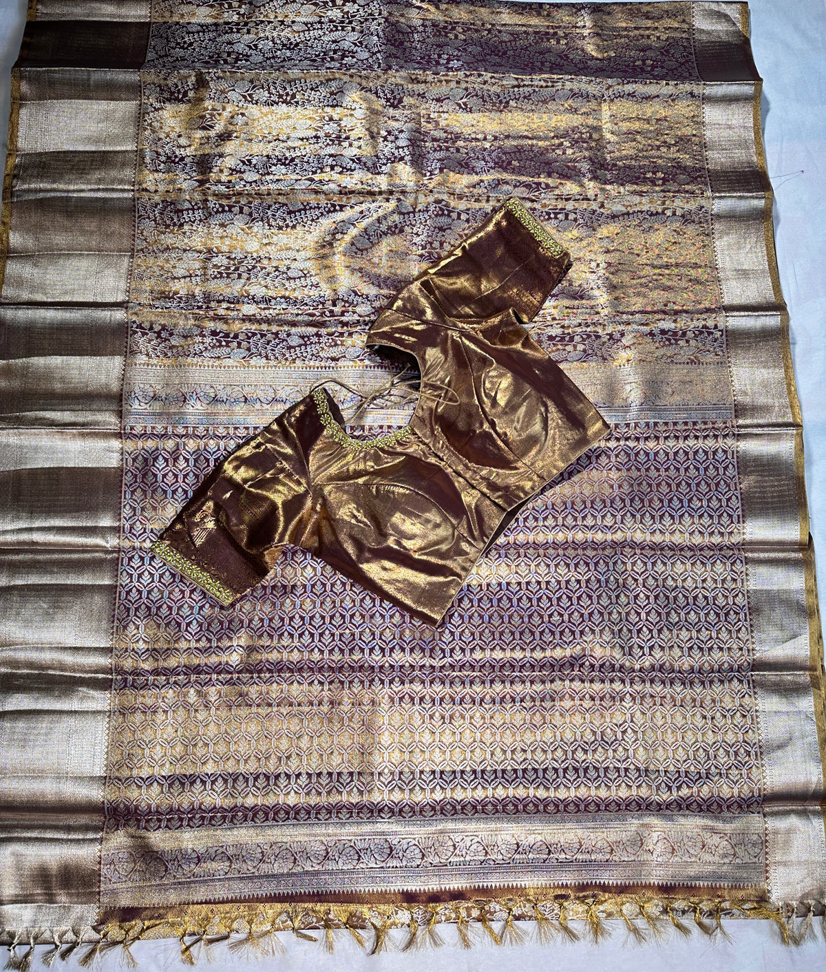 Traditional South Indian Saree | Kanjivaram Tissue  Premium Semi Silk with Maggam Work  Blouse Ready-to-Wear