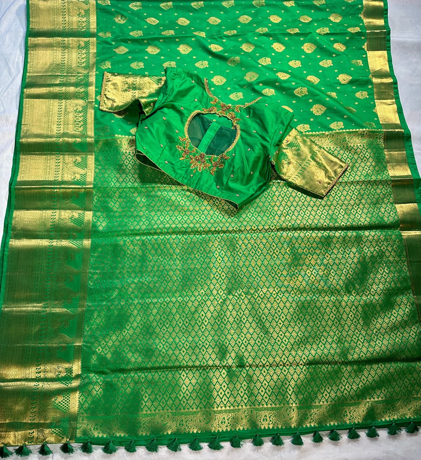 Green Kanjivaram Semi Silk Saree for Wedding, Reception &amp; Party | Embellished Stitched Blouse