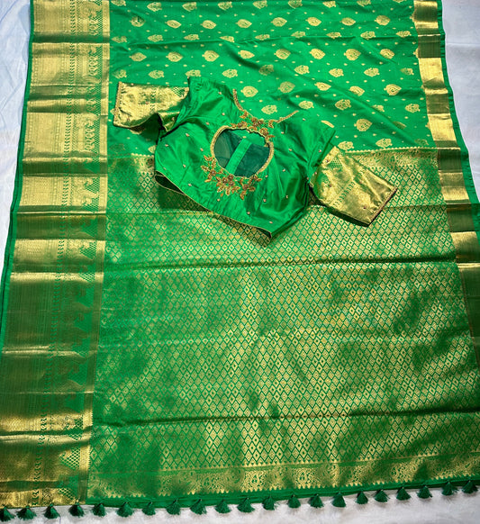 Green Kanjivaram Semi Silk Saree for Wedding, Reception &amp; Party | Embellished Stitched Blouse
