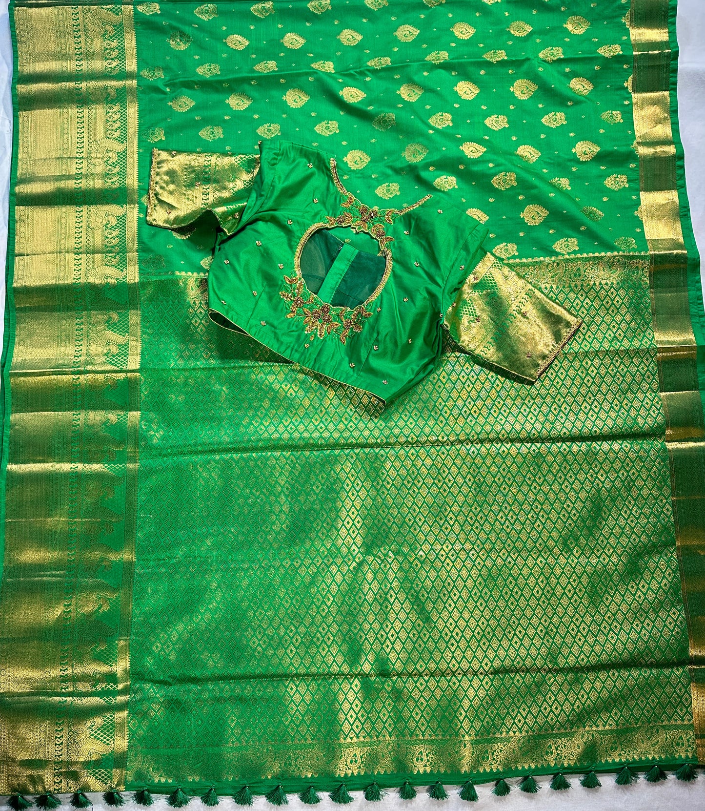 Green Kanjivaram Semi Silk Saree for Wedding, Reception &amp; Party | Embellished Stitched Blouse