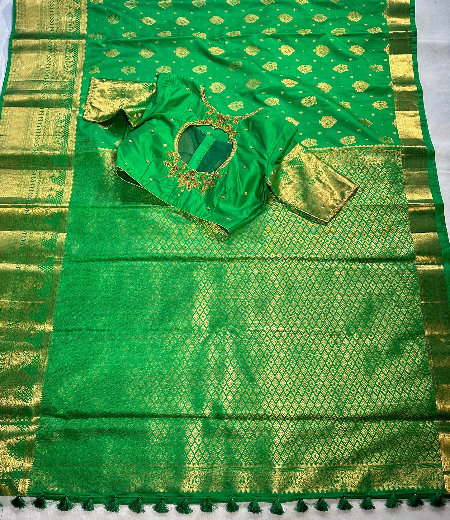 Green Kanjivaram Semi Silk Saree for Wedding, Reception &amp; Party | Embellished Stitched Blouse