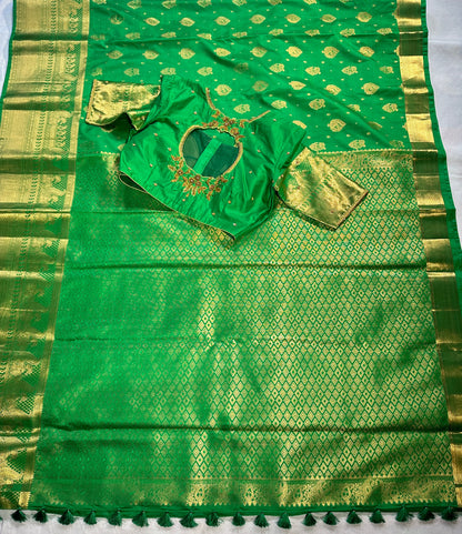 Green Kanjivaram Semi Silk Saree for Wedding, Reception &amp; Party | Embellished Stitched Blouse