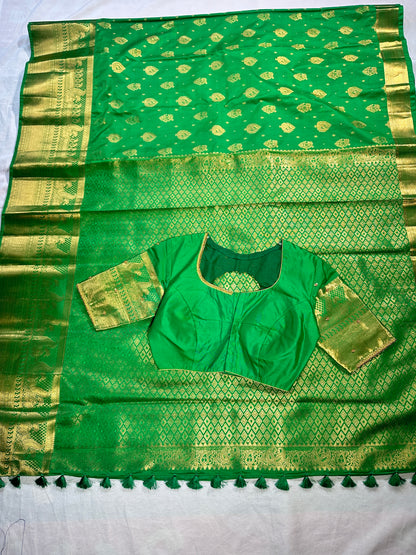 Green Kanjivaram Semi Silk Saree for Wedding, Reception &amp; Party | Embellished Stitched Blouse