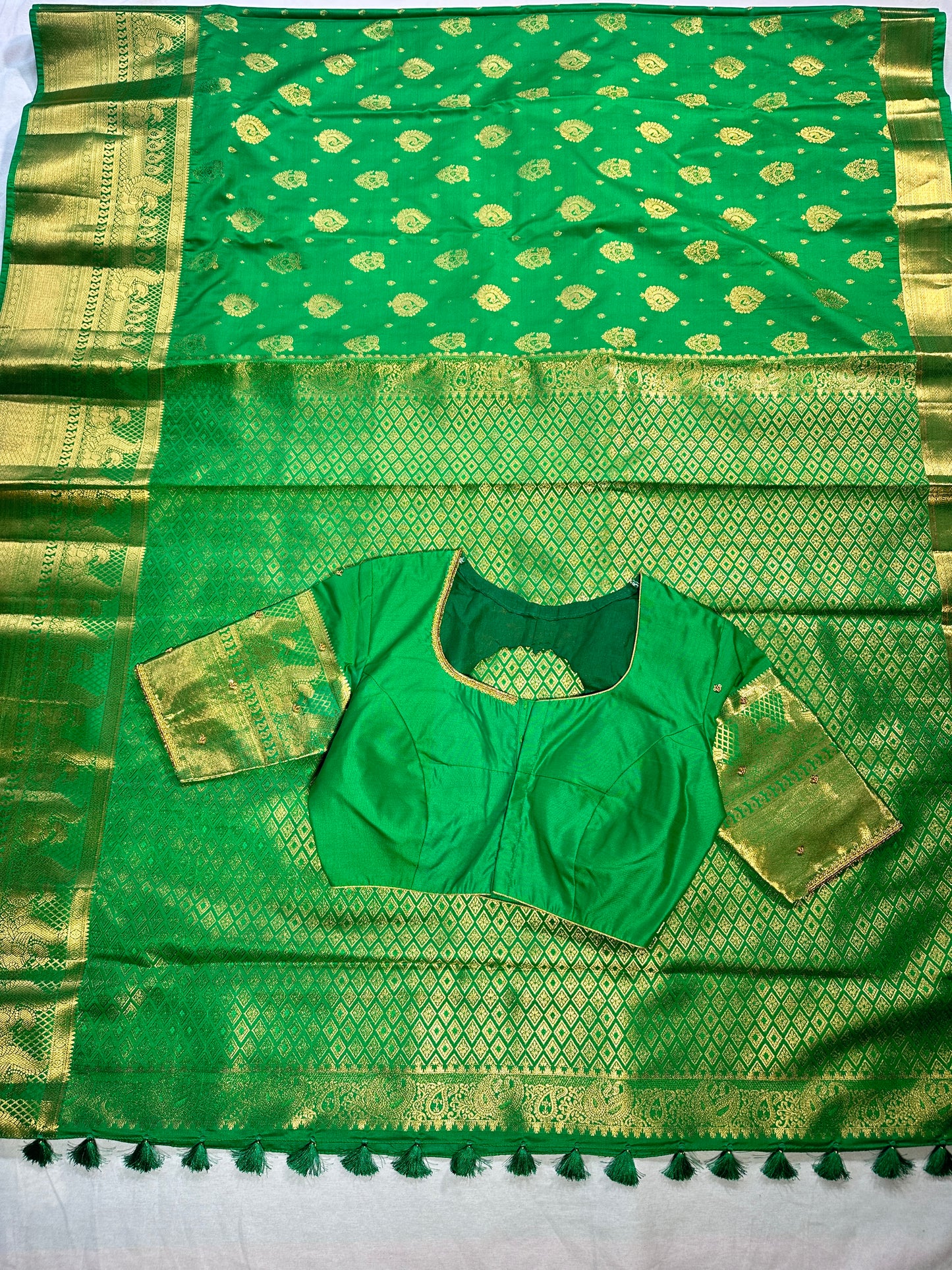Green Kanjivaram Semi Silk Saree for Wedding, Reception &amp; Party | Embellished Stitched Blouse