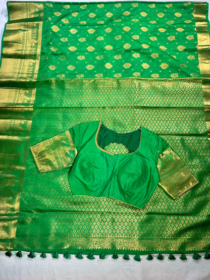 Green Kanjivaram Semi Silk Saree for Wedding, Reception &amp; Party | Embellished Stitched Blouse