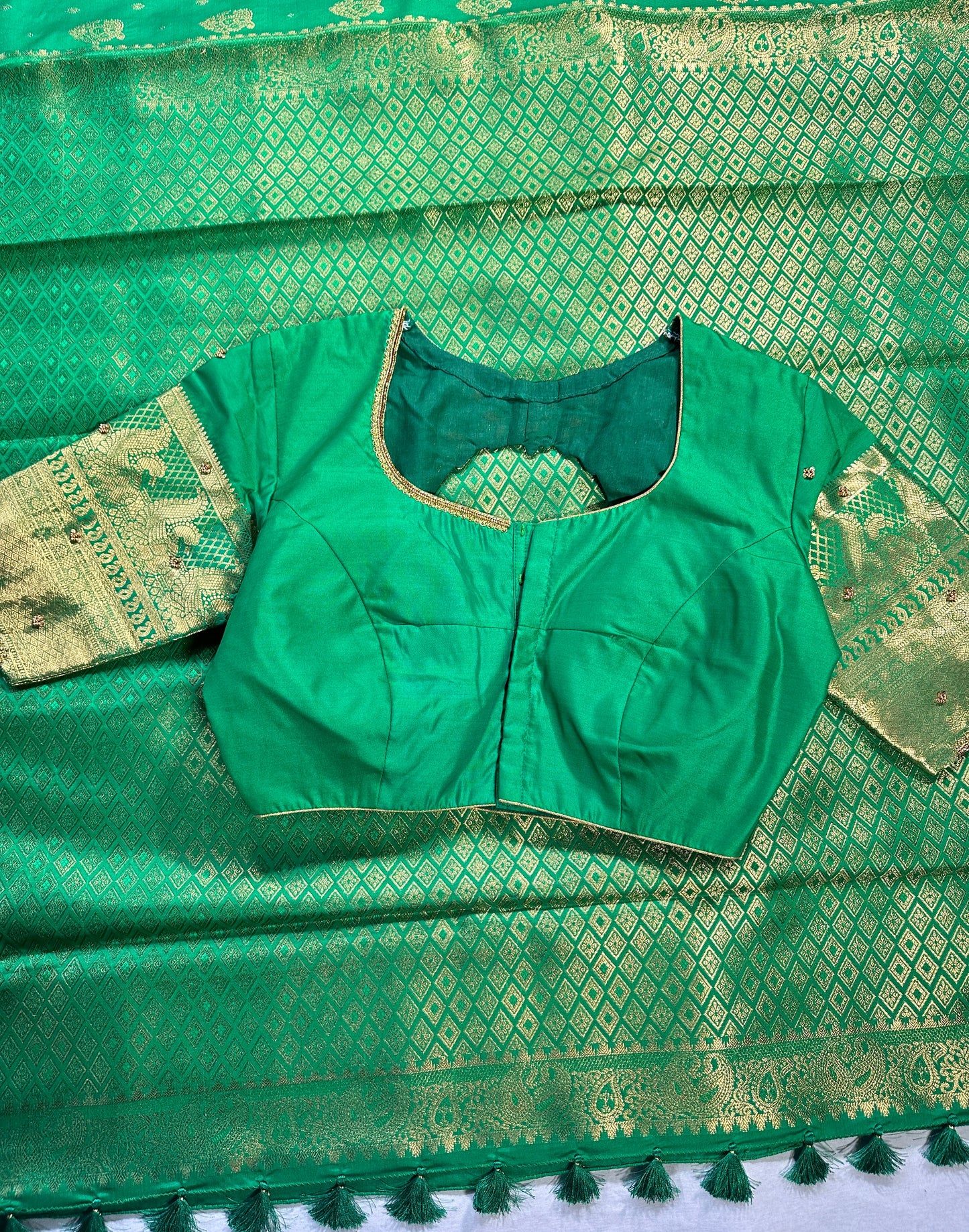 Green Kanjivaram Semi Silk Saree for Wedding, Reception &amp; Party | Embellished Stitched Blouse