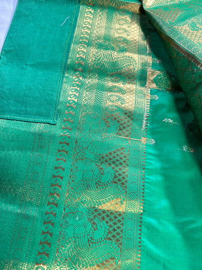 Green Kanjivaram Semi Silk Saree for Wedding, Reception &amp; Party | Embellished Stitched Blouse