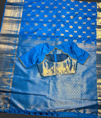 Premium Blue Kanjivaram Semi Silk Saree with  Hand Maggam Work Blouse | Indian Wedding & Festive Wear