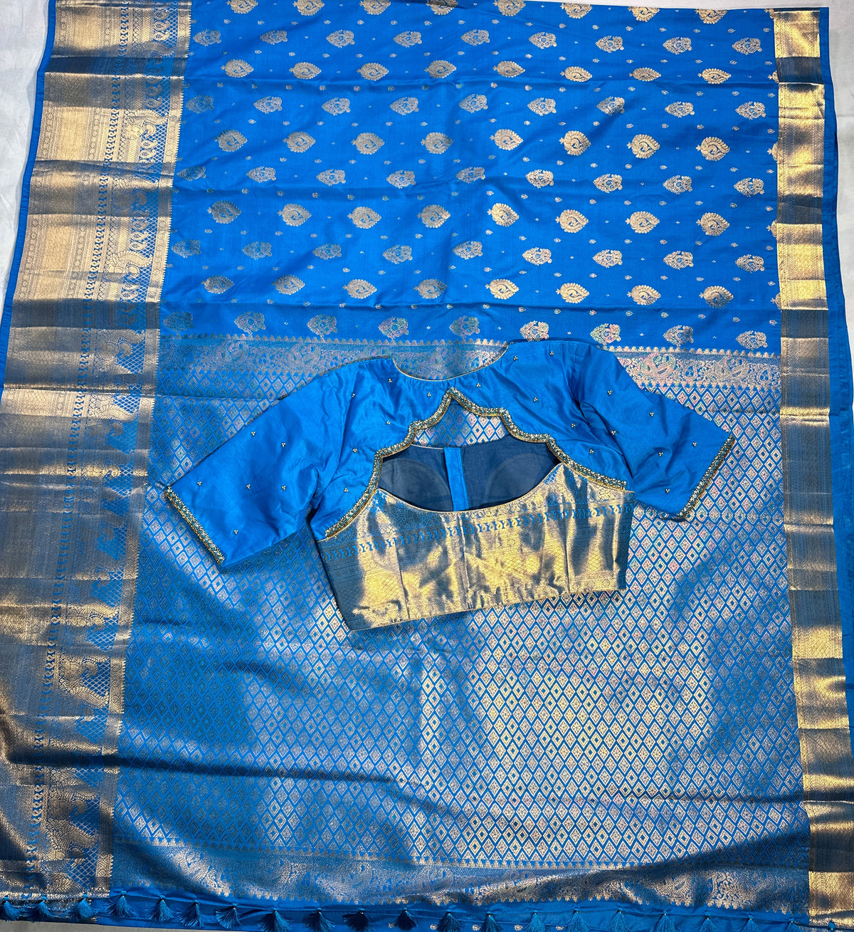 Premium Blue Kanjivaram Semi Silk Saree with  Hand Maggam Work Blouse | Indian Wedding & Festive Wear