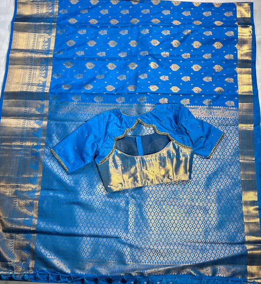 Premium Blue Kanjivaram Semi Silk Saree with  Hand Maggam Work Blouse | Indian Wedding & Festive Wear