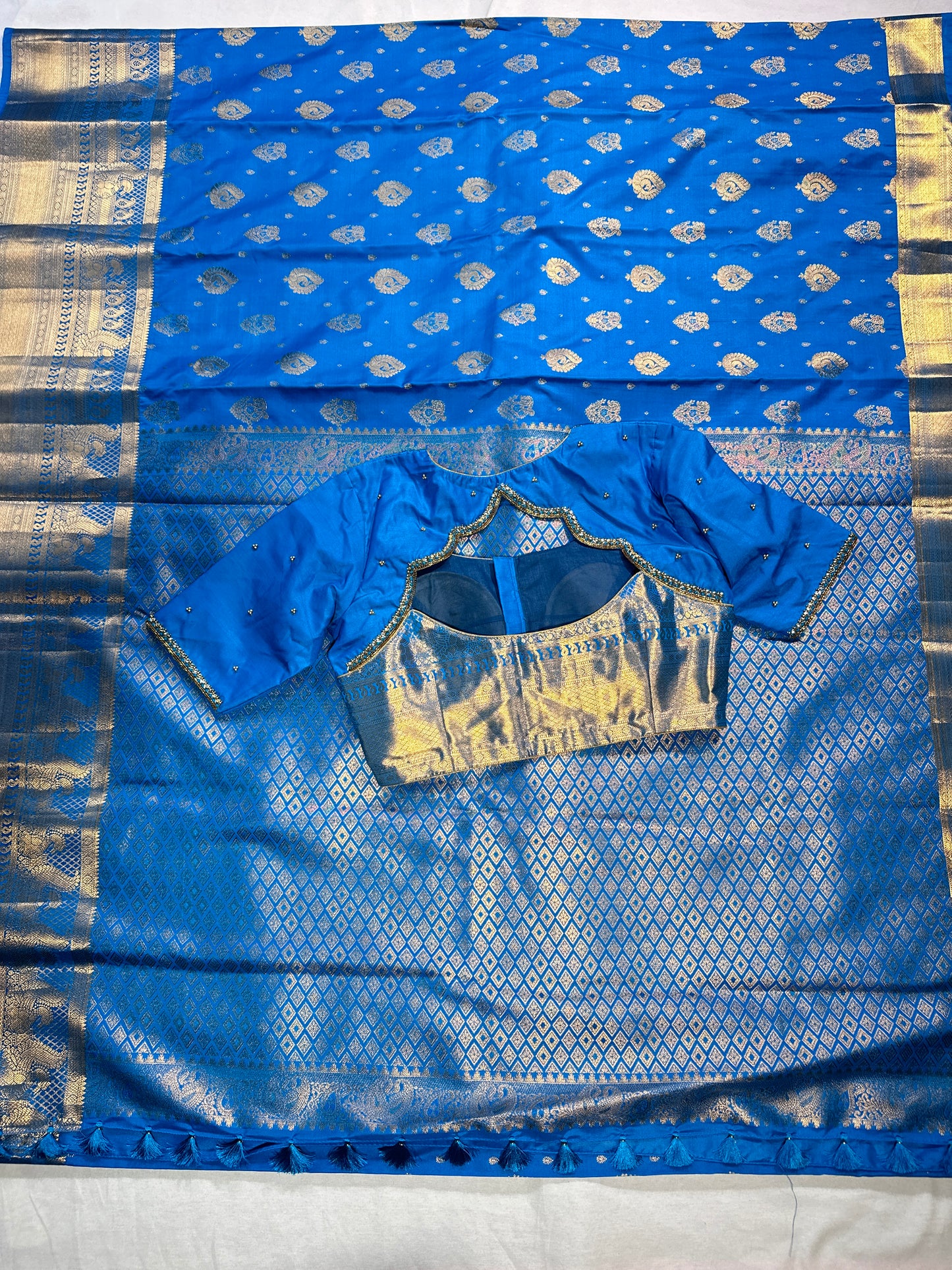 Premium Blue Kanjivaram Semi Silk Saree with  Hand Maggam Work Blouse | Indian Wedding & Festive Wear