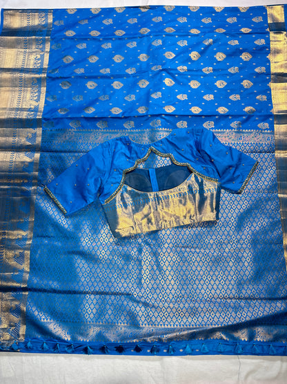 Premium Blue Kanjivaram Semi Silk Saree with  Hand Maggam Work Blouse | Indian Wedding & Festive Wear