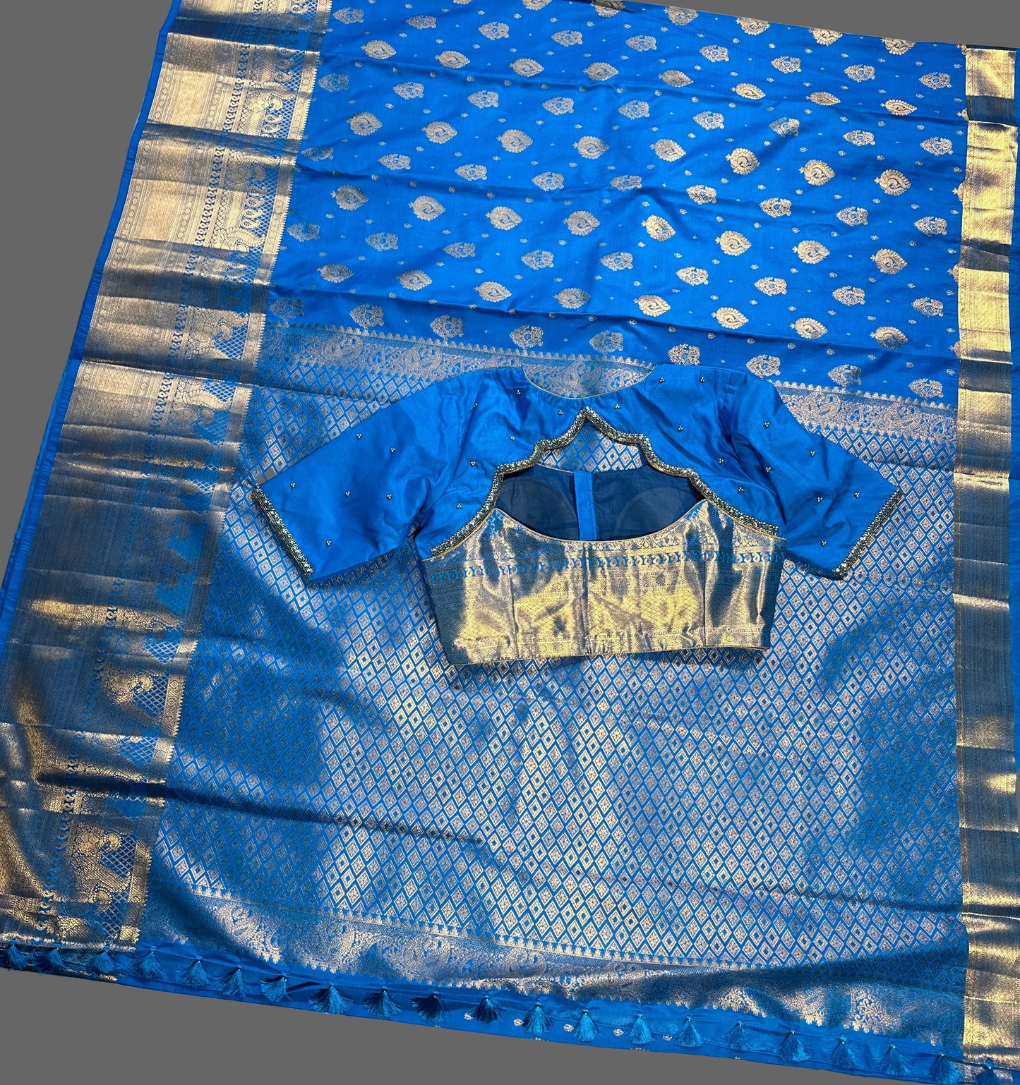 Premium Blue Kanjivaram Semi Silk Saree with  Hand Maggam Work Blouse | Indian Wedding & Festive Wear