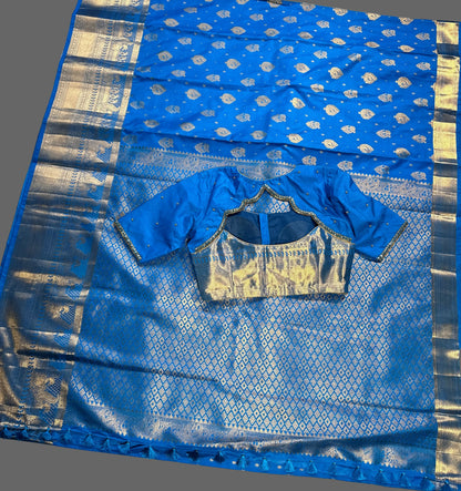 Premium Blue Kanjivaram Semi Silk Saree with  Hand Maggam Work Blouse | Indian Wedding & Festive Wear