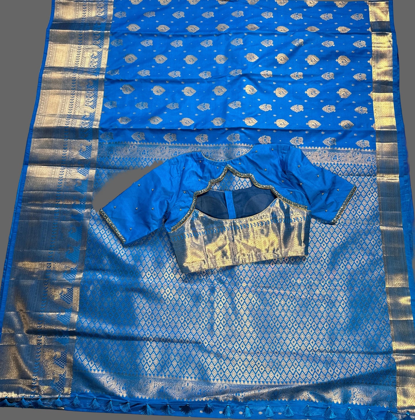 Premium Blue Kanjivaram Semi Silk Saree with  Hand Maggam Work Blouse | Indian Wedding & Festive Wear