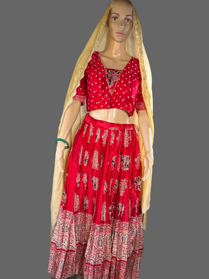 Ajrakh Print Silk Lehenga Set | Hand Block Print Mirror Work Lehenga Choli | Traditional Indian Wedding & Festive Wear | Ships from USA