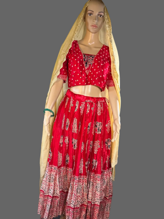 Pure Gajji Silk Ajrakh Lehenga Set | Hand Block Print Mirror Work Lehenga Choli | Traditional Indian Wedding & Festive Wear | Ships from USA